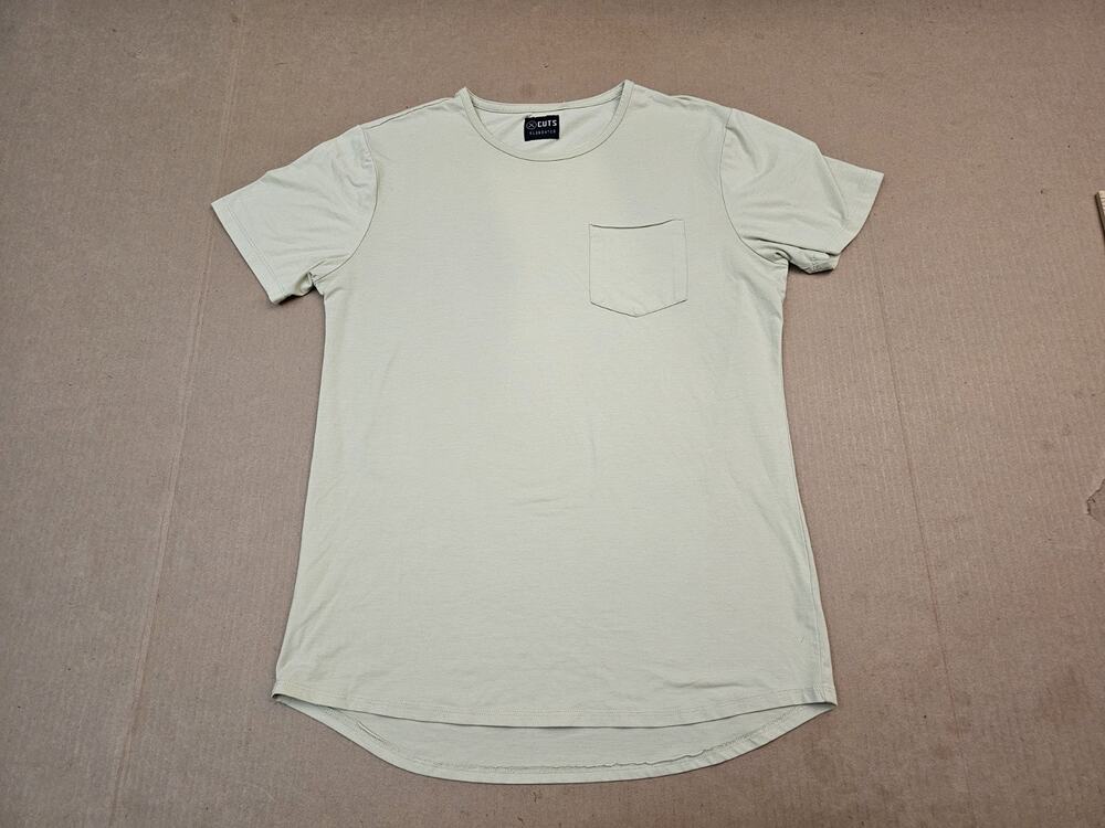 Cuts Clothing Elongated Curve Hem Pocket Tee T-Shirt Beige Long length Mens L